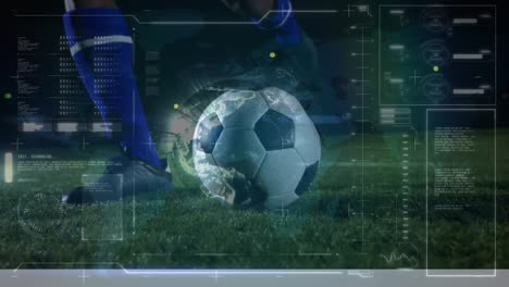 Animation-Der-Digitalen-Datenverarbeitung-Auf-Dem-Bildschirm-über-Einem-Fußballspieler,-Der-Den-Ball-Kickt