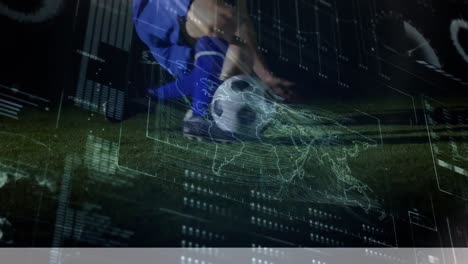 Animation-of-digital-data-processing-on-screen-over-football-player-kicking-ball