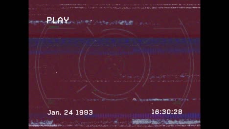 Animation-of-play-digital-interface-text-with-glitch-and-scope-on-red-background