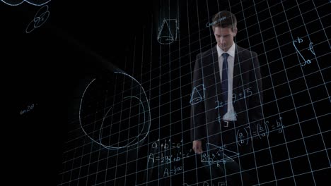 Mathematical-equations-against-businessman-touching-invisible-screen-against-black-background