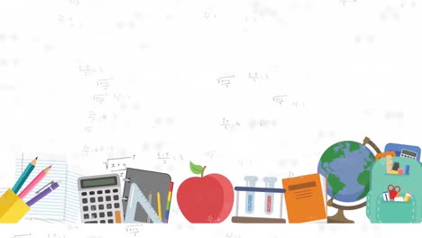 Animation-of-mathematical-equations-and-school-icons-on-white-background
