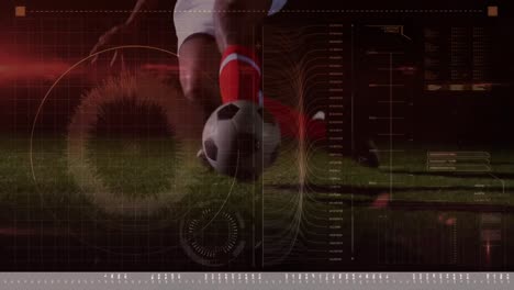 Animation-Der-Datenverarbeitung-Auf-Dem-Bildschirm-über-Einem-Fußballspieler,-Der-Den-Ball-Tritt