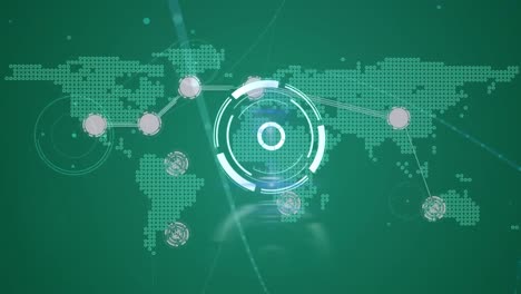 Round-scanner-and-network-of-connections-over-world-map-against-green-background