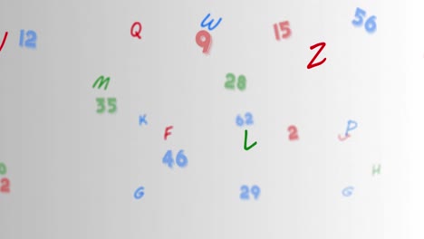 Digitale-Animation-Mehrerer-Bunter-Zahlen-Und-Alphabete,-Die-Vor-Grauem-Hintergrund-Schweben
