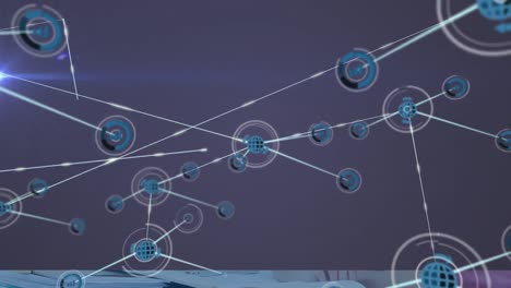 Animation-of-network-of-connections-with-globe-icons-on-purple-background