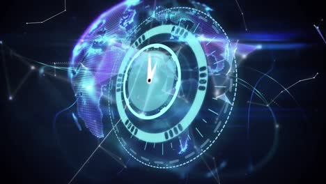 Digital-animation-of-neon-clock-ticking-against-spinning-globe-and-network-of-connections