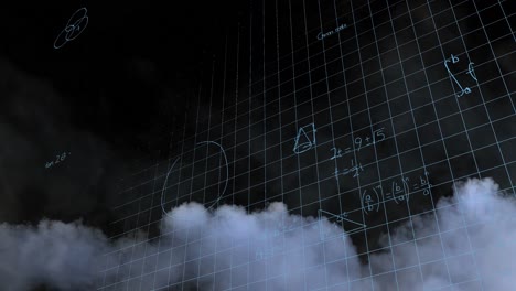 Mathematical-equations-over-grid-network-against-smoke-effect-on-black-background