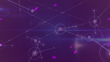 Animation-of-pink-rings-and-glowing-network-of-connections-and-lights-moving-on-dark-purple