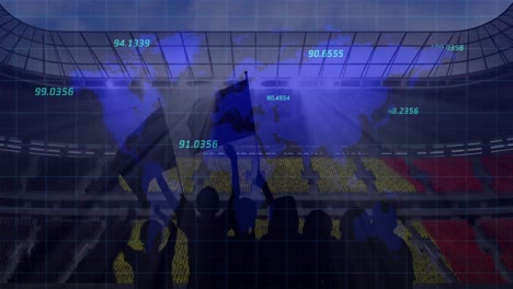 Multiple-numbers-floating-over-world-map-against-silhouette-of-fans-and-sports-stadium-in-background