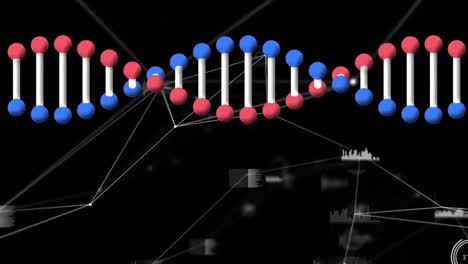 Digitale-Animation-Einer-DNA-Struktur,-Die-Sich-Vor-Einem-Netzwerk-Von-Verbindungen-Auf-Schwarzem-Hintergrund-Dreht