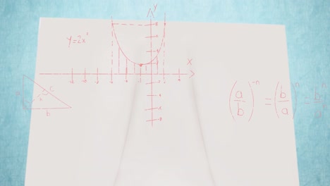 Animation-of-handwritten-maths-formulae-and-calculations-moving-over-blank-paper-on-blue-desk-top