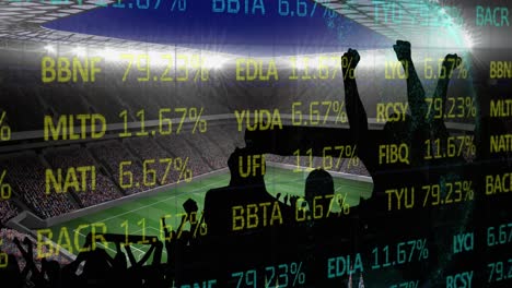 Stock-market-data-processing-against-silhouette-of-fans-cheering-and-sports-stadium-in-background
