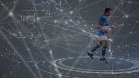 Animation-Des-Netzwerks-Von-Verbindungen-Und-Informationsverarbeitung-über-Einem-Rugbyspieler,-Der-Mit-Dem-Ball-Läuft