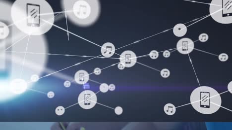 Digitale-Animation-Eines-Netzwerks-Von-Verbindungen-Vor-Lichtfleck-Auf-Violettem-Hintergrund