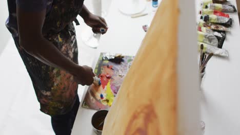 Midsection-of-african-american-male-painter-mixing-paints-in-artist-studio