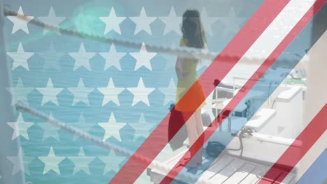 Patrón-De-Diseño-De-Bandera-Americana-Y-Múltiples-Estrellas-Contra-Una-Mujer-Parada-En-Un-Muelle-De-Madera