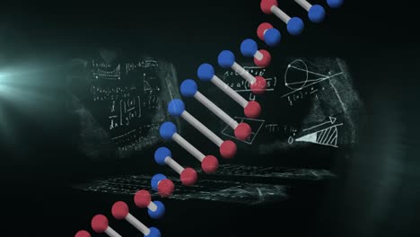 Dna-structure-spinning-against-mathematical-equations-against-black-background