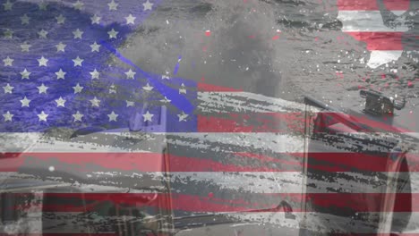 Grunge-Designeffekt-Mit-Amerikanischer-Flagge-Vor-Blick-Auf-Das-Meer-Vom-Laufenden-Boot-Aus
