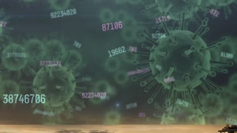 Animation-of-numbers-processing-over-green-covid-19-virus-cells-floating-on-black