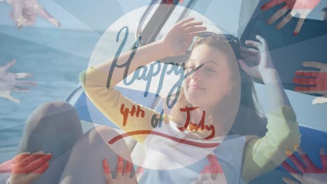 Animation-of-happy-4th-of-july-text-over-smiling-woman-sailing-in-yacht