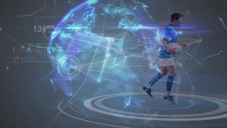 Animation-Eines-Leuchtenden-Globus,-Scanner-über-Einem-Mit-Ball-Laufenden-Rugbyspieler-Und-Informationsverarbeitung