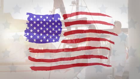 Designmuster-Der-Amerikanischen-Flagge-Und-Mehrere-Sterne-Vor-Einem-Kaukasischen-Paar,-Das-Am-Hafen-Spaziert