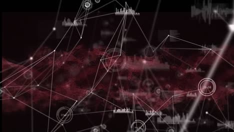Network-of-connections-and-data-processing-against-red-digital-waves-on-black-background