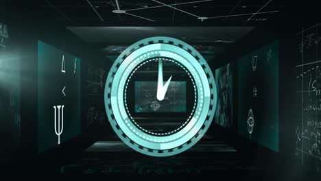 Animation-of-clock-moving-over-scientific-data-processing-on-screens