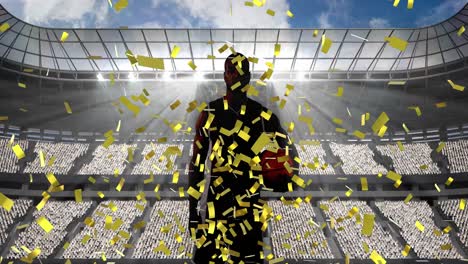 Golden-confetti-falling-on-silhouette-of-male-basketball-player-holding-ball-against-sports-stadium