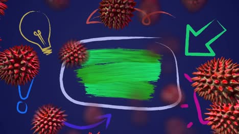 Mehrere-Covid-19-Zellen-über-Grünem-Pinselstrich-Und-Abstrakten-Formen-Auf-Blauem-Hintergrund
