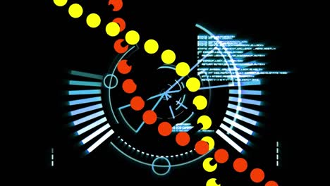 Digitale-Animation-Der-DNA-Struktur,-Die-Sich-Gegen-Einen-Runden-Scanner-Und-Datenverarbeitung-Dreht