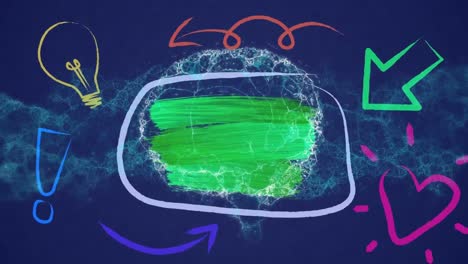Grüner-Pinselstrich-Und-Abstrakte-Formen-Vor-Menschlichem-Gehirn,-Das-Sich-Auf-Blauem-Hintergrund-Dreht