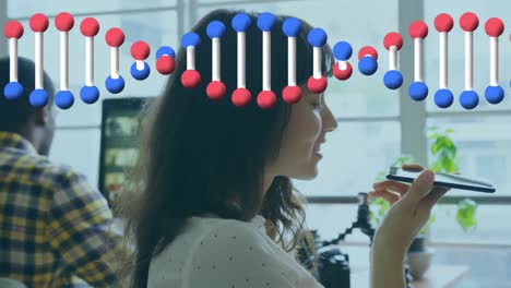 Animation-of-dna-strand-spinning-over-businesswoman-using-smartphone