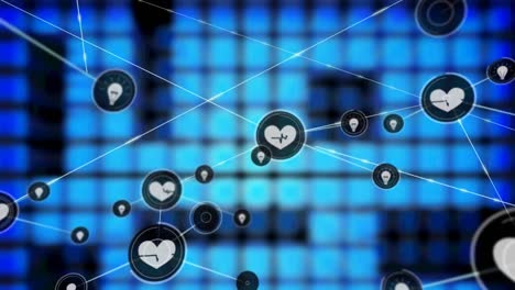 Animation-of-networks-of-connections-with-medical-heart-icons-over-blue-screens