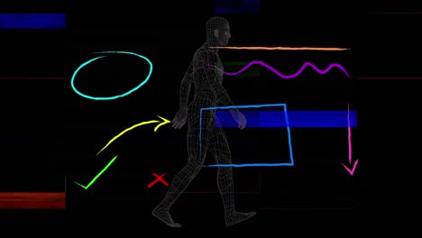 Digital-animation-of-abstract-shapes-and-colorful-light-shapes-against-human-body-model-walking