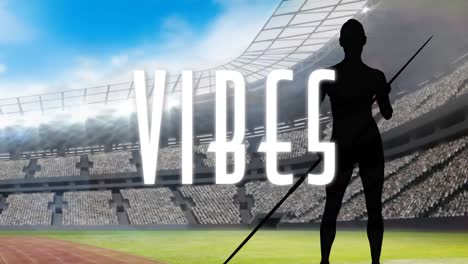 Vibes-text-over-silhouettes-of-female-javelin-throwers-in-different-poses-against-sports-stadium