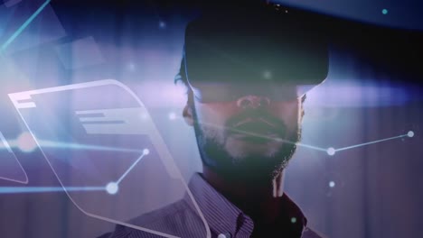 Animation-of-network-of-connections-and-screens-over-businessman-wearing-vr-headset