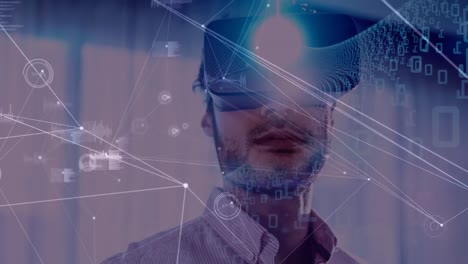 Animation-of-data-processing-network-of-digital-connections-over-businessman-wearing-vr-headset