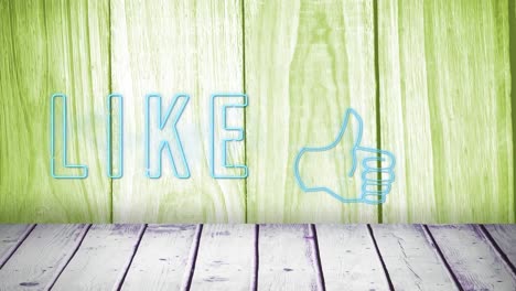 Neon-like-text-and-thumbs-up-symbol-against-yellow-wooden-background