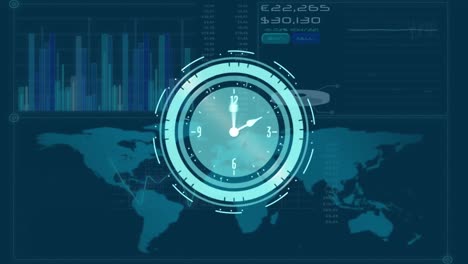Neon-clock-ticking-over-world-map-against-digital-interface-with-data-processing-on-blue-background