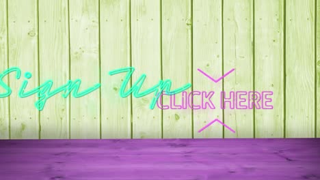 Animation-of-sign-up-click-here-text-over-wooden-background