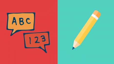 Pencil-icon-and-alphabets-and-numbers-on-speech-bubble-against-red-and-green-background