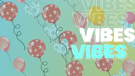Animation-Des-Wortes-„Vibes“-In-Weiß-Und-Blau-Mit-Schwebenden-Luftballons-Auf-Blau