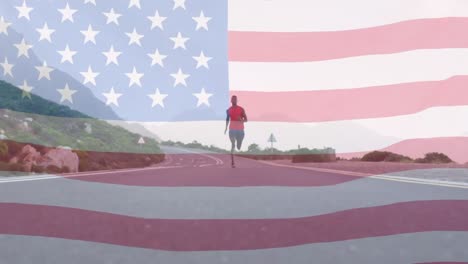 Animation-of-american-flag-moving-over-man-running-on-street