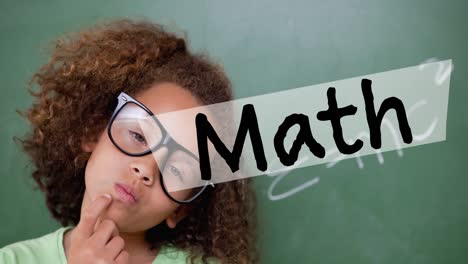 Math-text-over-a-banner-against-portrait-of-african-american-girl-against-black-board-at-school