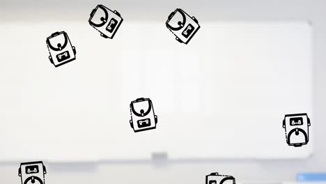Multiple-school-bag-icons-falling-against-whiteboard-in-the-classroom-at-school