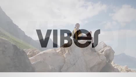 Animation-of-the-word-vibes-in-black-over-woman-hiking-resting-on-rock