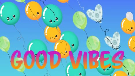 Animation-Der-Worte-„Good-Vibes“-In-Pink-Und-Orange-Mit-Schwebenden-Luftballons-Auf-Blau