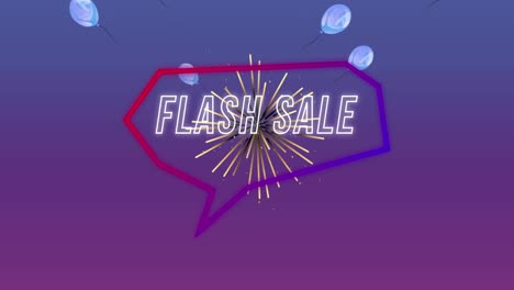 Animation-of-words-flash-sale-in-white-with-purple-neon-explosion,-firework-and-balloons-on-purple