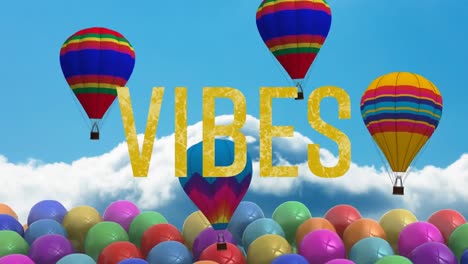 Animation-of-the-word-vibes-in-gold-with-hot-air-balloons-on-blue-sky